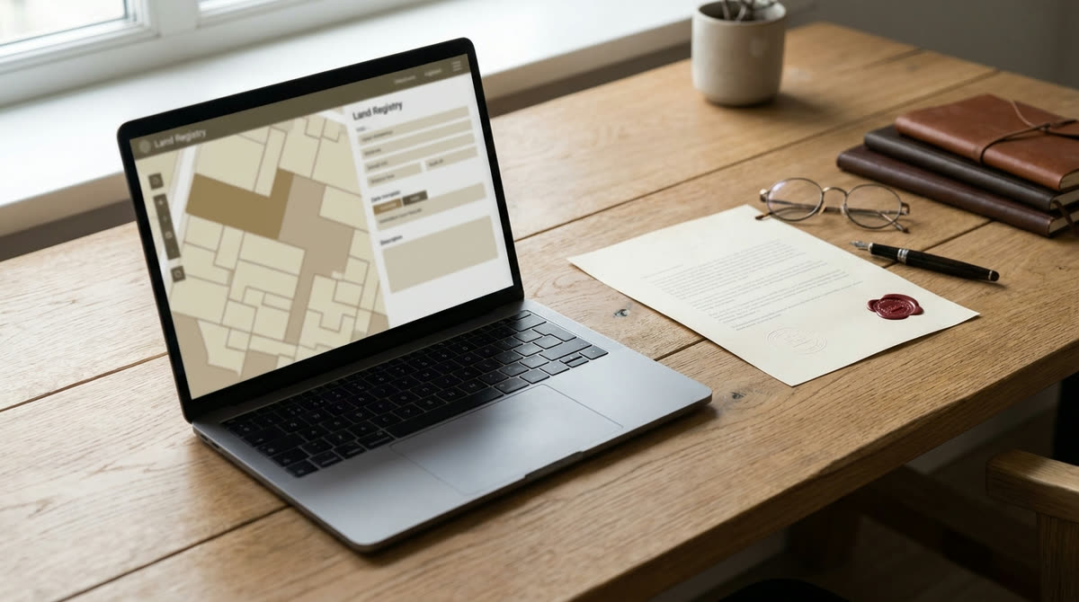 Sprawdzanie ksi�gi wieczystej online &mdash; laptop z rejestrem i dokument z piecz�ci�