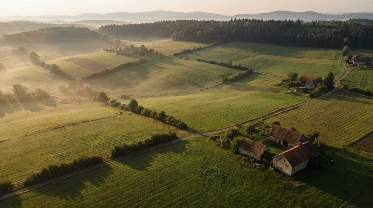 Widok z lotu ptaka na dzia�ki i grunty w podg�rskim krajobrazie